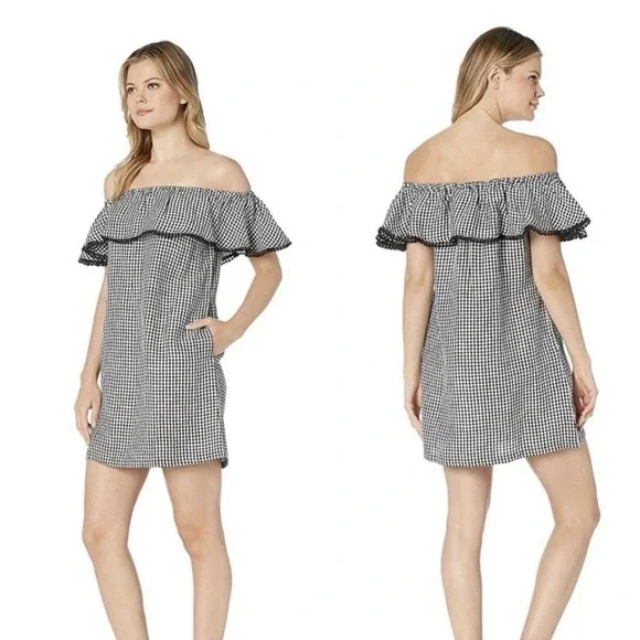 Tommy Bahama Gingham Linen Pompom Off The Shoulder Dress Pockets Vacation Sz L - Picture 2 of 9